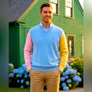 Vineyard Vines Colorblock V-Neck Sweater Size Large in Blue Yellow Pink & Green